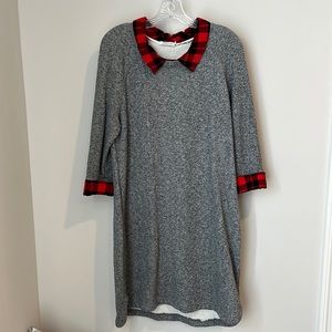 Kenneth Cole reaction gray terry sweatshirt dress with red plaid collar and cuff